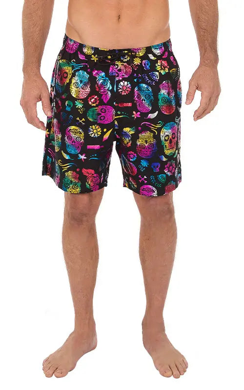 Foil swim short black swim trunks with vibrant multicolored sugar skull pattern and floral accents