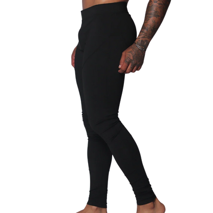 Form-fitting black Lycra leggings featuring a high-rise waistband and minimalist athletic design.