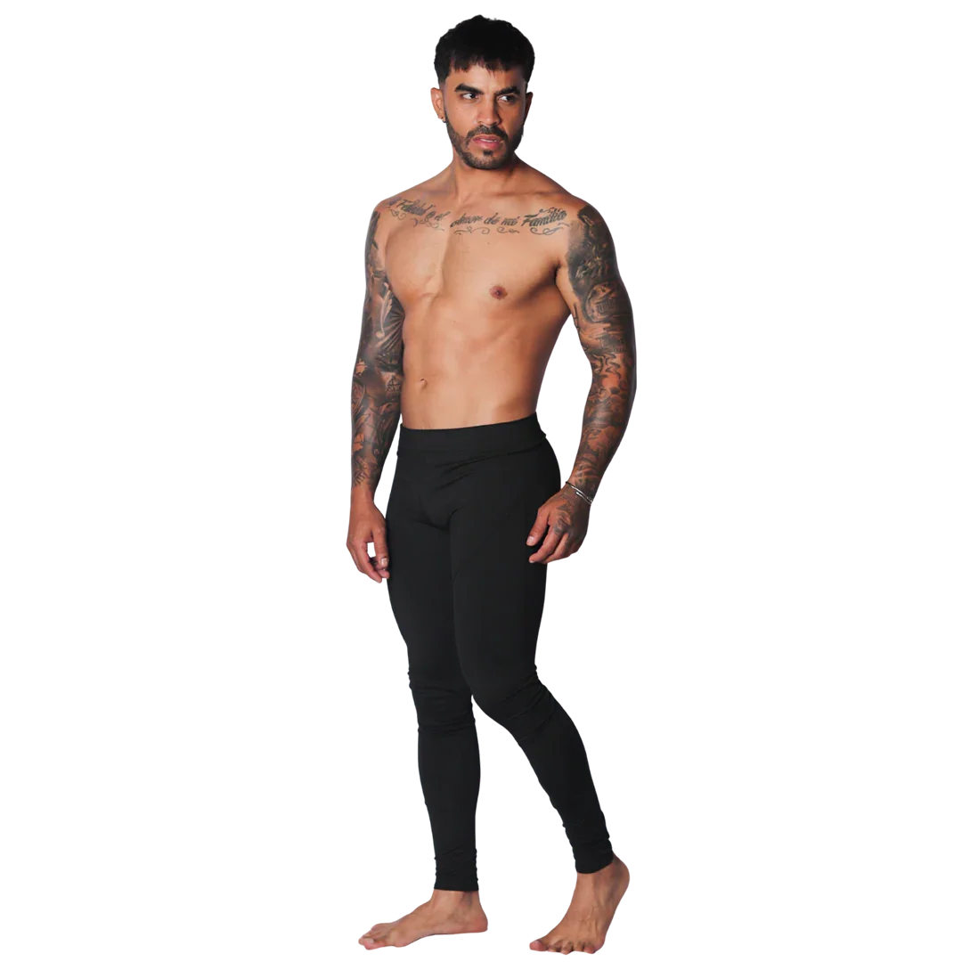 Form-fitting black Lycra leggings for men with a seamless athletic style and high-rise waistband.