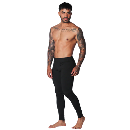 Form-fitting black Lycra leggings for men with a seamless athletic style and high-rise waistband.