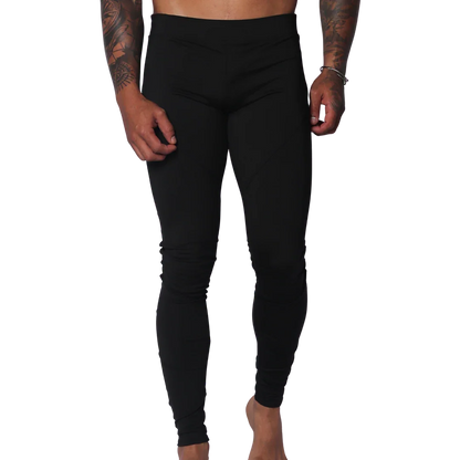 Form-fitting black Lycra leggings featuring a high-rise elastic waistband and a sleek, minimalist design.