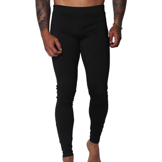 Form-fitting black Lycra leggings featuring a high-rise elastic waistband and a sleek, minimalist design.