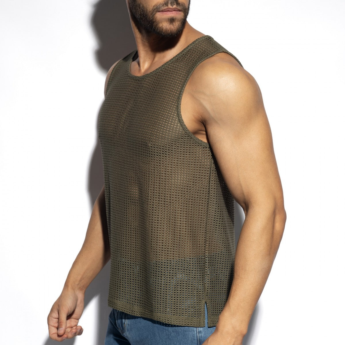 Olive green formentera retro tank top made of breathable mesh fabric ideal for casual summer wear