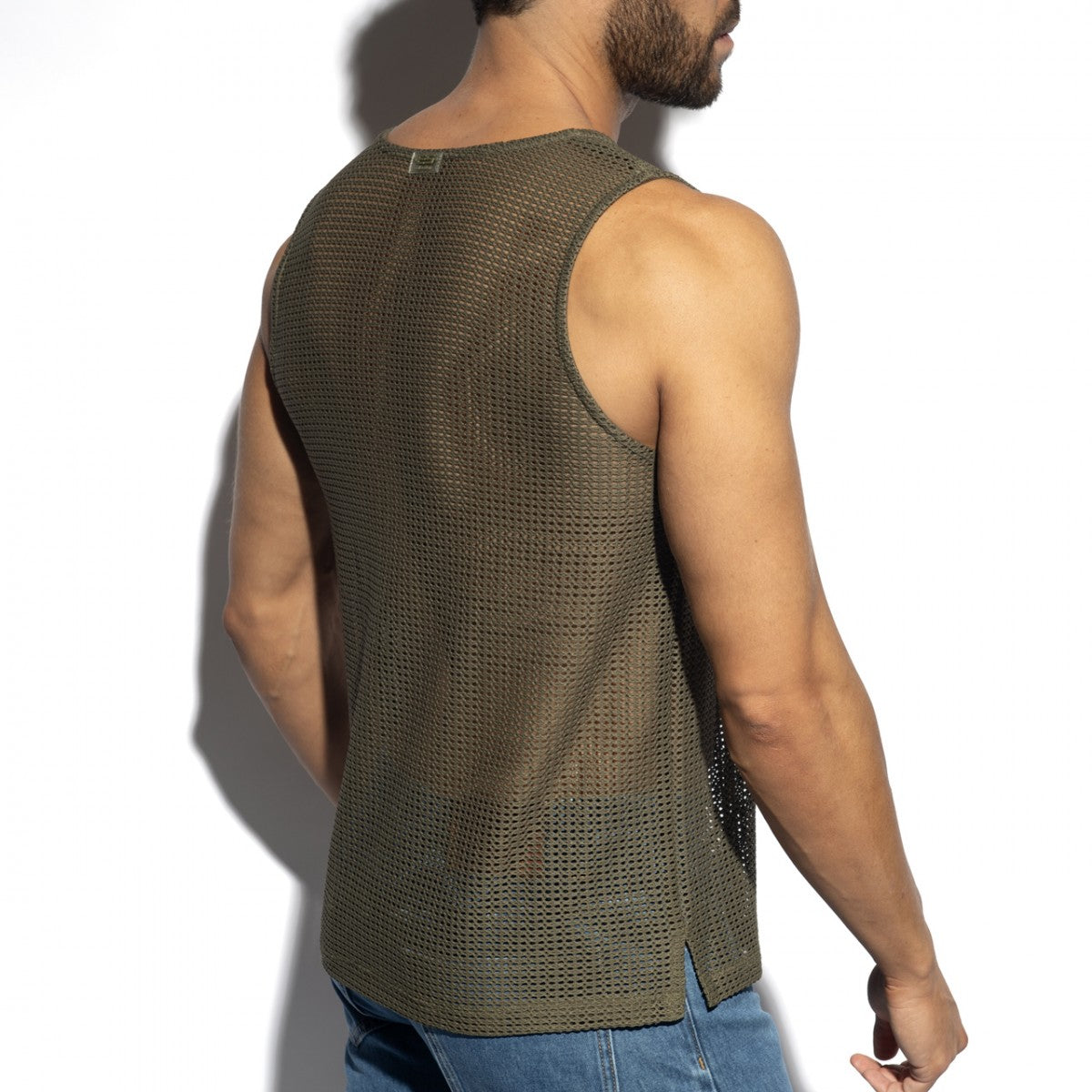 Formentera retro tank top in olive green mesh with subtle texture and small metallic clasp at the neckline