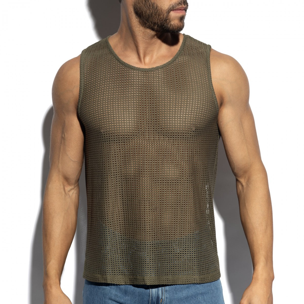 Formentera retro tank top olive green mesh with round neckline and subtle side seam detail