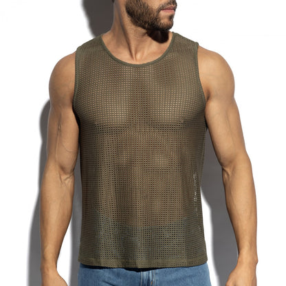 Formentera retro tank top olive green mesh with round neckline and subtle side seam detail