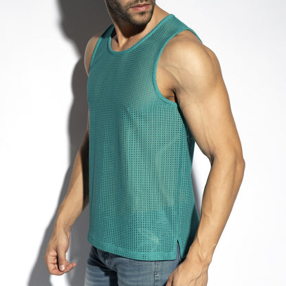 Teal mesh sleeveless formentera retro tank top featuring breathable fabric and a retro-inspired design