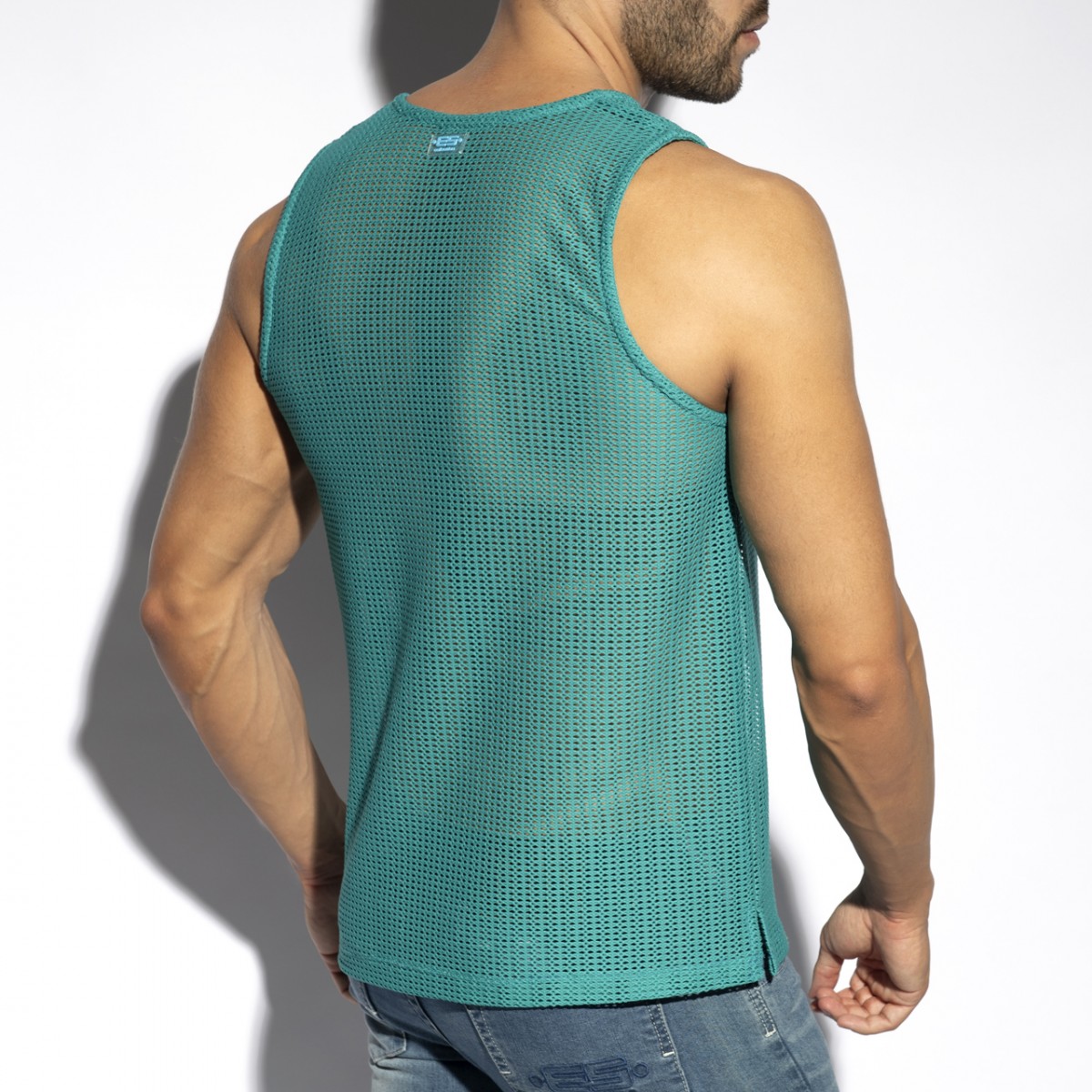 Teal mesh Formentera retro tank top with a subtle brand logo at the neckline for casual wear