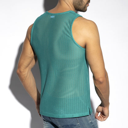 Teal mesh Formentera retro tank top with a subtle brand logo at the neckline for casual wear