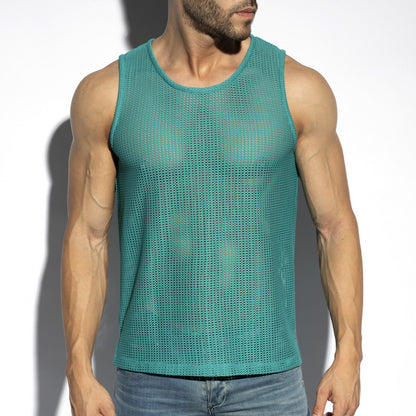 Formentera retro tank top in teal mesh textured sleeveless design with a round neckline for casual wear
