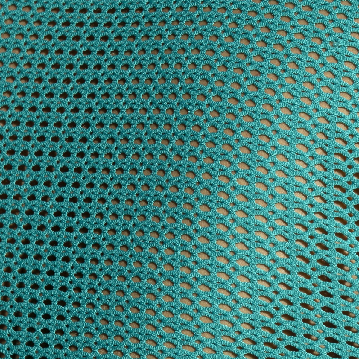 Teal crocheted mesh fabric with oval holes on formentera retro tank top showing breathable lightweight design