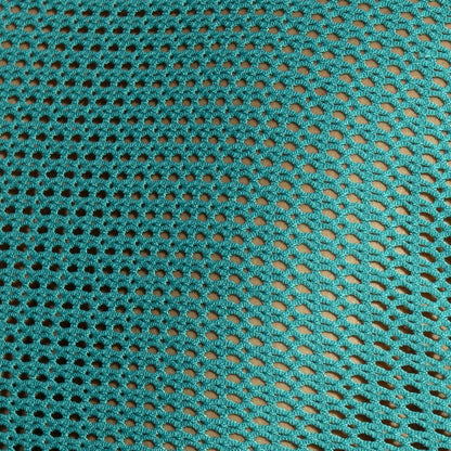 Teal crocheted mesh fabric with oval holes on formentera retro tank top showing breathable lightweight design