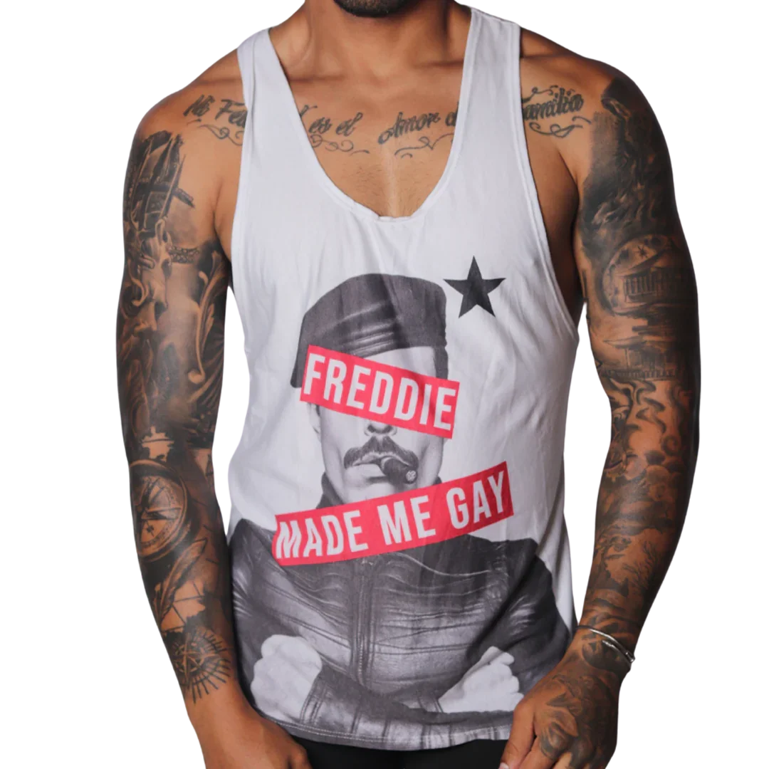 White cotton tank top with a black-and-white print of Freddie Mercury and red text reading "FREDDIE MADE ME GAY."