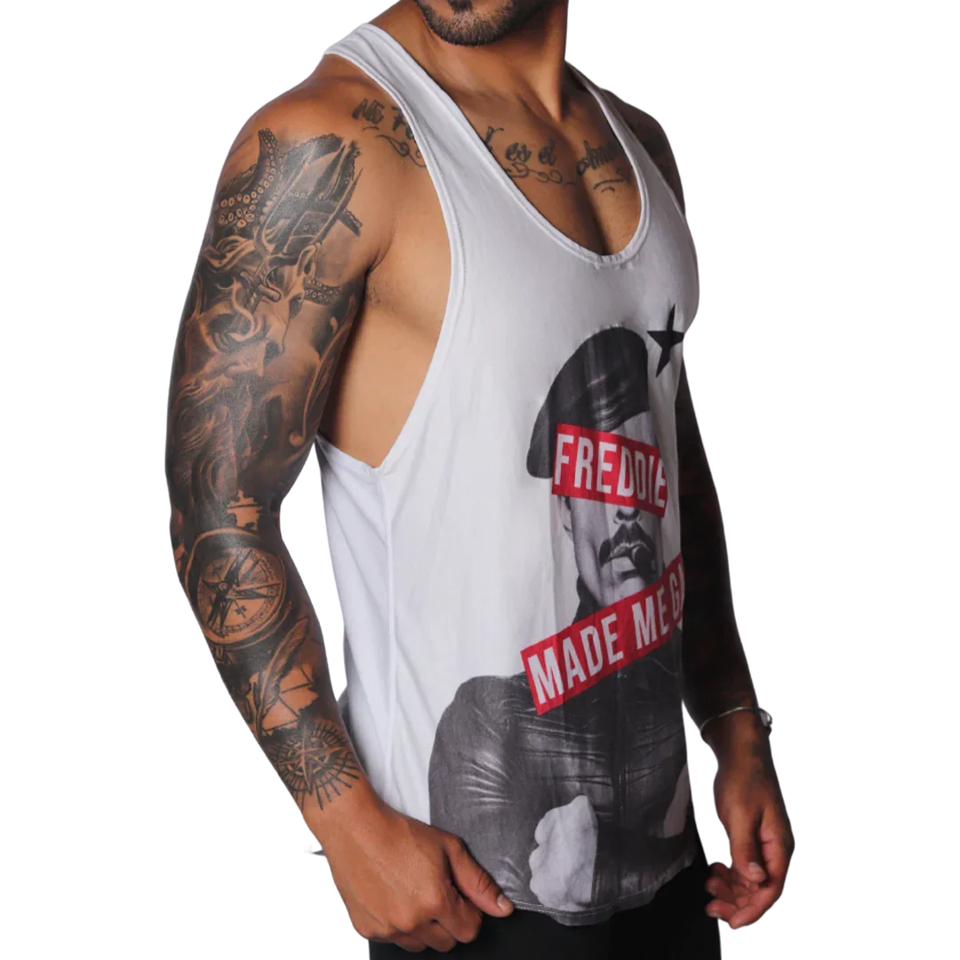 White racerback tank top featuring a graphic of Freddie Mercury with red text bars and a black star.