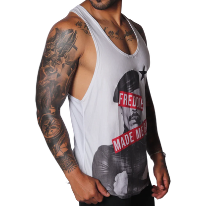 White racerback tank top featuring a graphic of Freddie Mercury with red text bars and a black star.