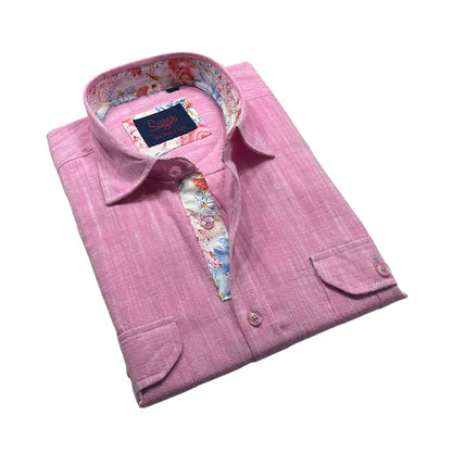 Freddy L S buttondown pink linen shirt with floral inner lining and sunny brand label