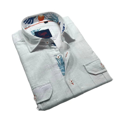 A light gray linen freddy l/s buttondown shirt with tropical leaf and orange pattern on inner collar placket and pocket flaps