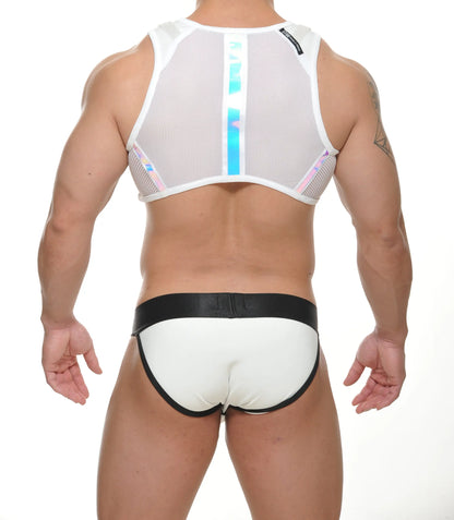 Freon crop top white mesh tank top with iridescent blue and pink vertical stripes and black waistband trim