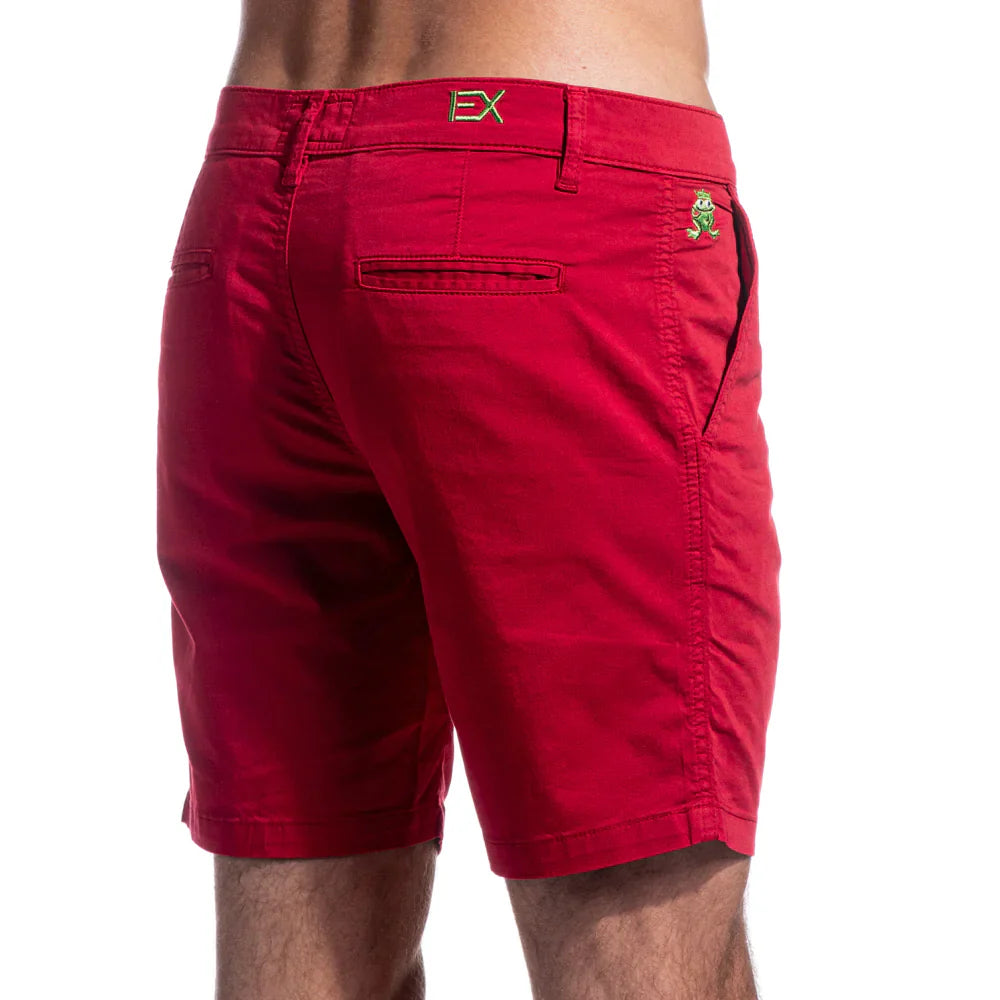 Red chino short showing back side with gold ex logo on waistband and green frog emblem on back pocket