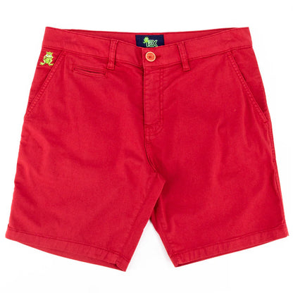 Bright red frog chino short featuring playful green frog emblem on waistband and orange button closure