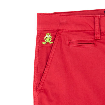 Bright red frog chino short with a small embroidered green frog wearing a crown on the front pocket