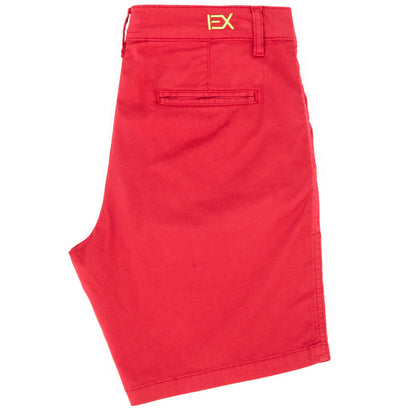 Red chino shorts with a gold ex logo on the waistband from frog chino short collection
