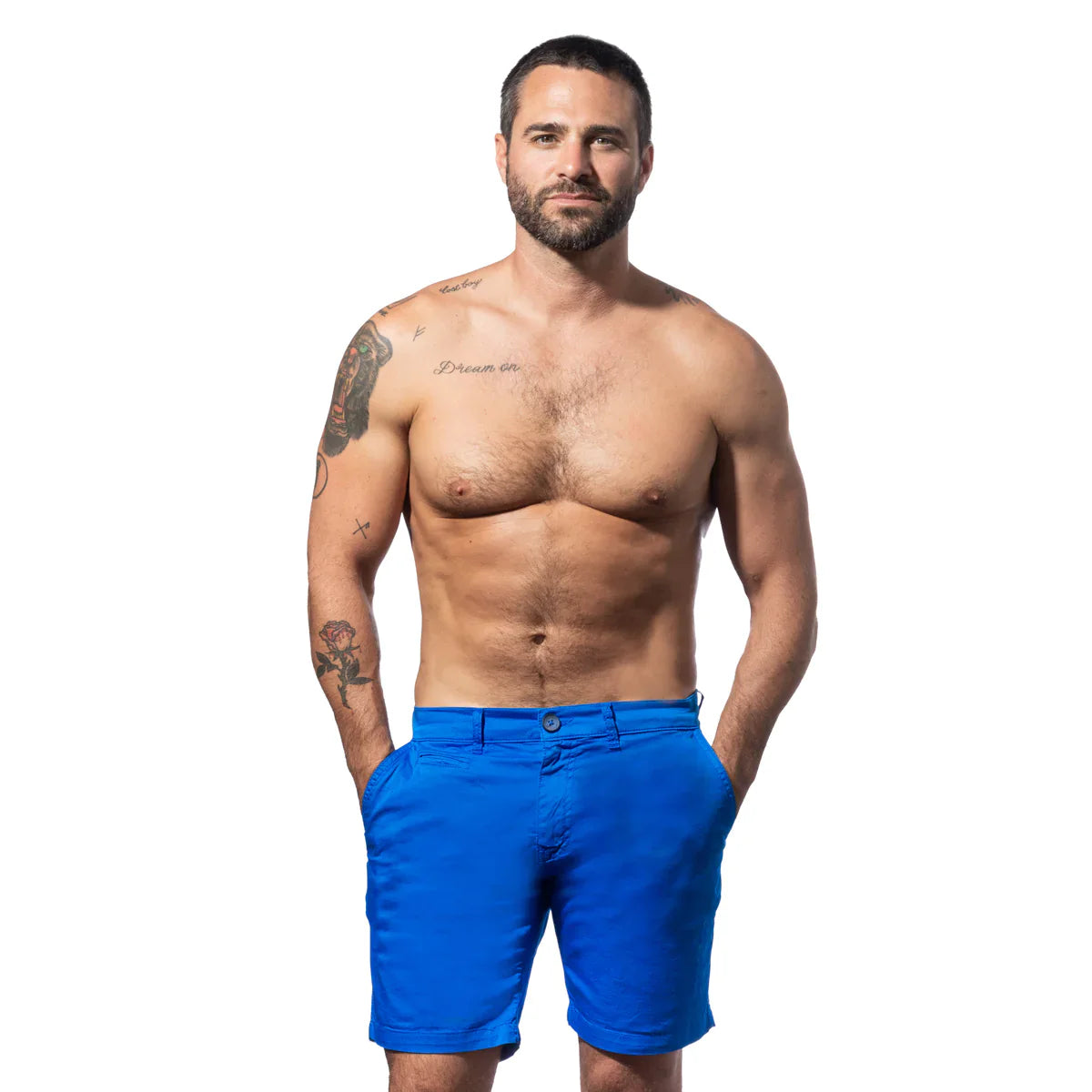 Bright blue frog chino shorts with classic button and flap closure made from comfortable chino fabric