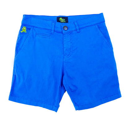 Bright blue frog chino shorts with green frog embroidery on thigh and black brand tag at waistband