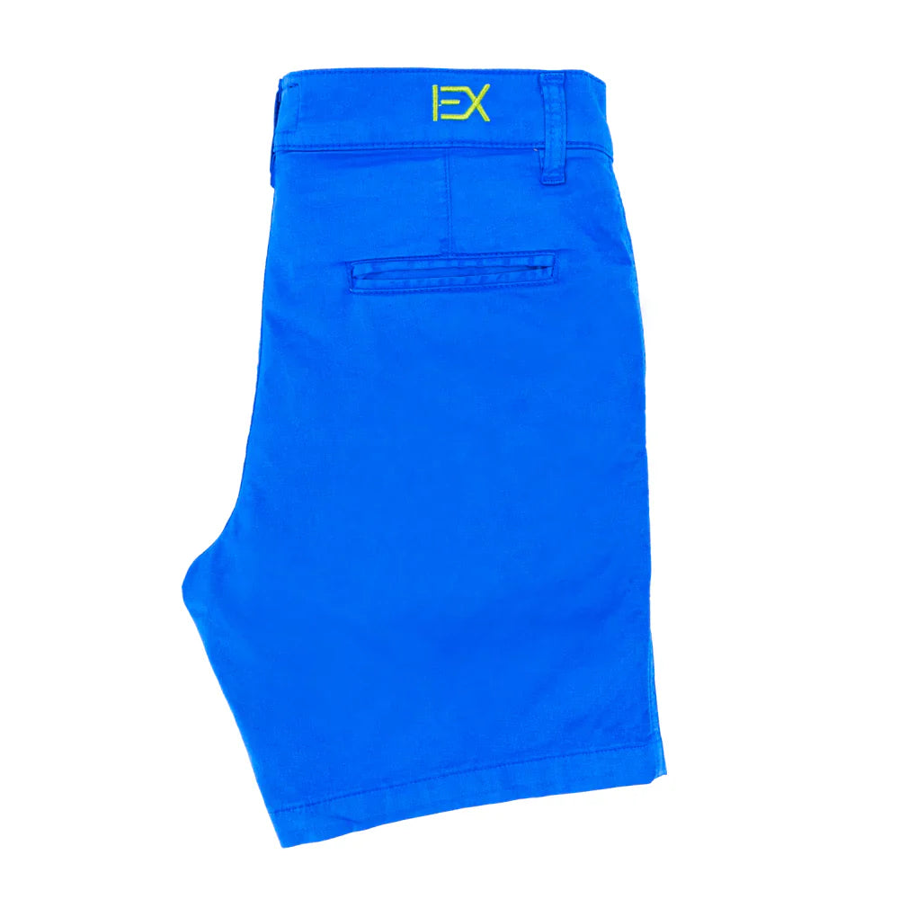 Bright blue frog chino shorts with neon yellow ex logo embroidered on the waistband in front view