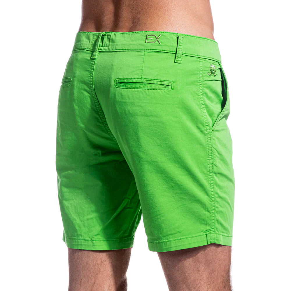 Bright green frog chino short with subtle textured weave and branded logo details on waistband and back pocket back view