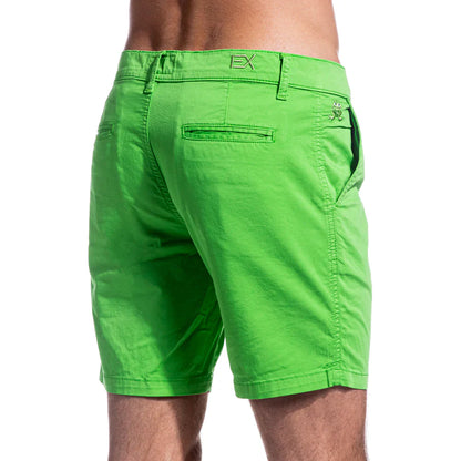 Bright green frog chino short with subtle textured weave and branded logo details on waistband and back pocket back view