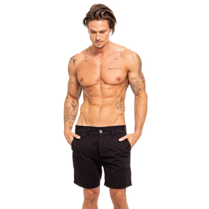 Black frog chino shorts with classic five-pocket design and button closure for casual wear