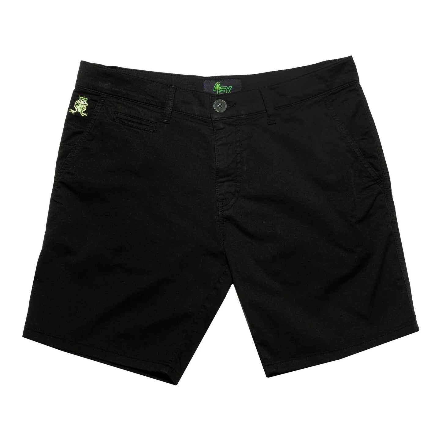 Black chino shorts with neon green frog embroidery on left pocket and matching logo tag at waistband in frog chino short