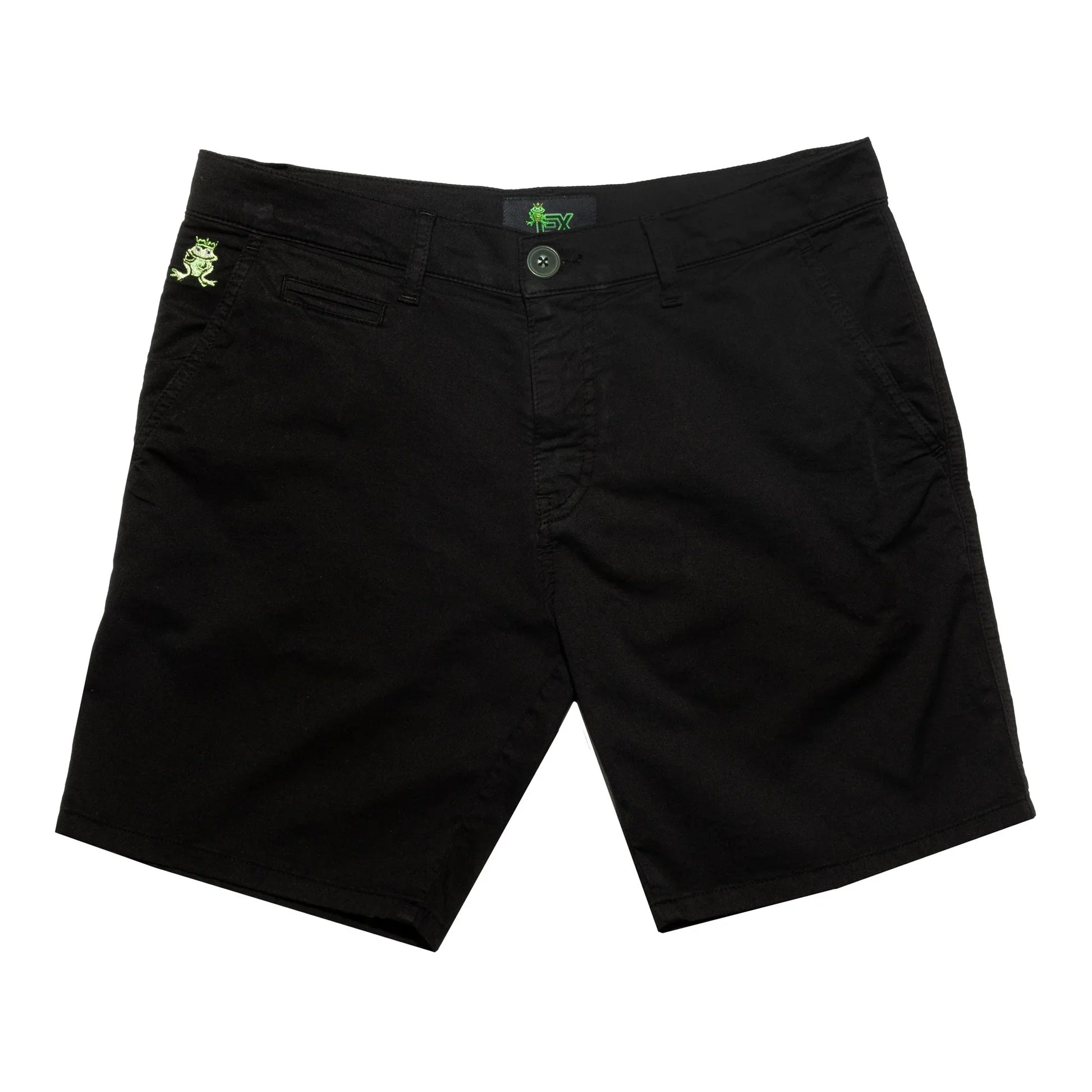 Black chino shorts with neon green frog embroidery on left pocket and matching logo tag at waistband in frog chino short