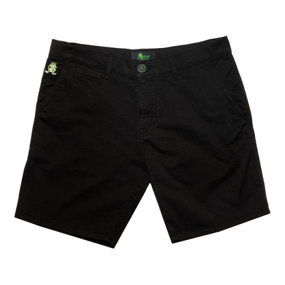 Black chino shorts with neon green frog embroidery on left pocket and matching logo tag at waistband in frog chino short