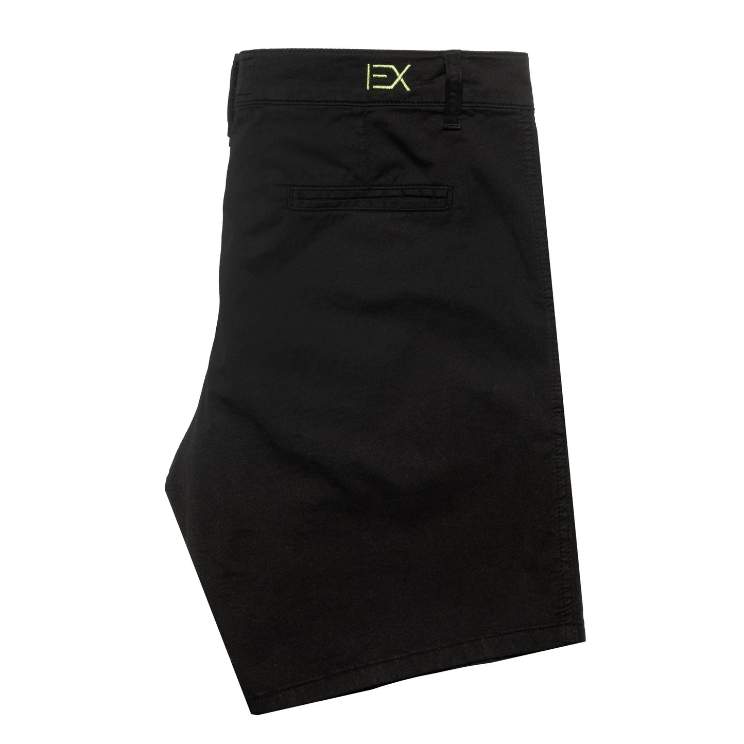 Black frog chino short with subtle neon green ex logo embroidered on the waistband