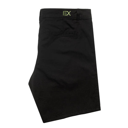 Black frog chino short with subtle neon green ex logo embroidered on the waistband