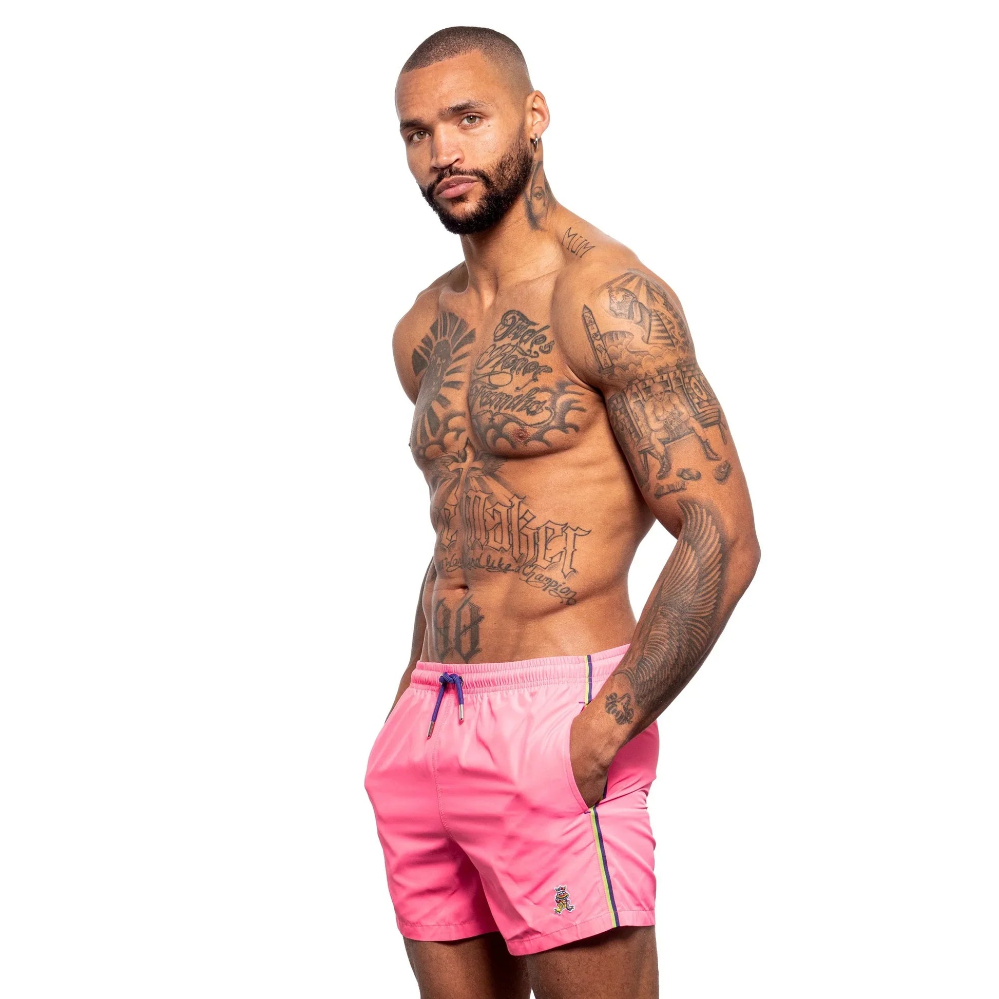 Bright pink frog swim trunk with drawstring waistband and subtle side stripes for comfortable beachwear