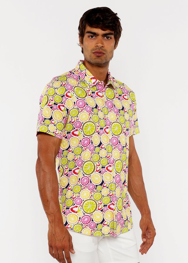 Fruits print stretch knit shirt with short sleeves featuring a colorful lime lemon and strawberry pattern on light background