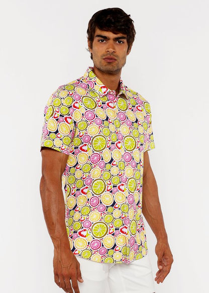 Fruits print stretch knit shirt with short sleeves featuring a colorful lime lemon and strawberry pattern on light background