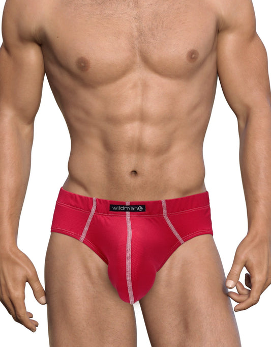 Red mesh brief featuring contrast white stitching and a WildmanT brand label on the waistband.
