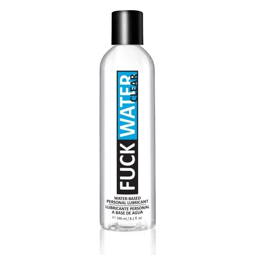 Clear plastic bottle with black cap and blue label for fuck water clear water-based personal lubricant