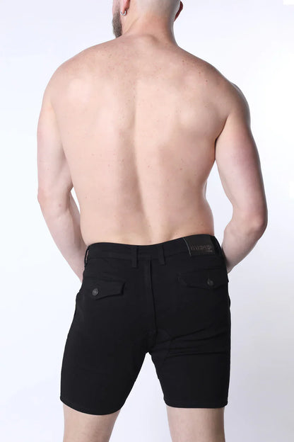 Black denim zipper shorts with sleek modern cut and subtle stitching details in full court denim zipper short