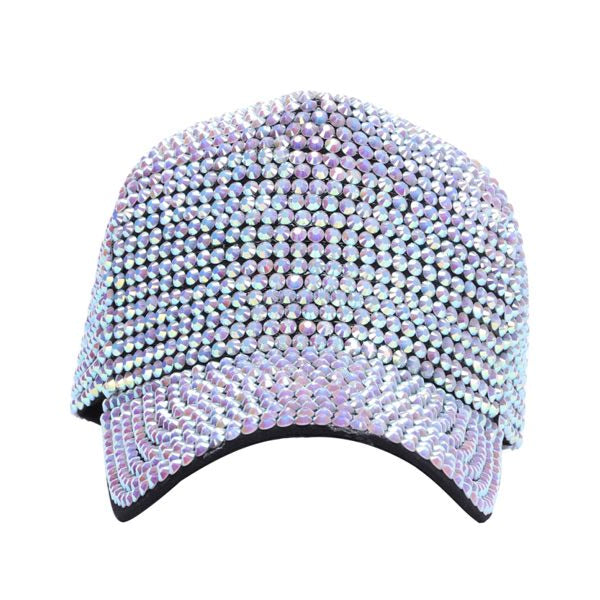 A full rhinestone baseball cap with a shimmering iridescent pastel rhinestone crown and sleek black brim and trim