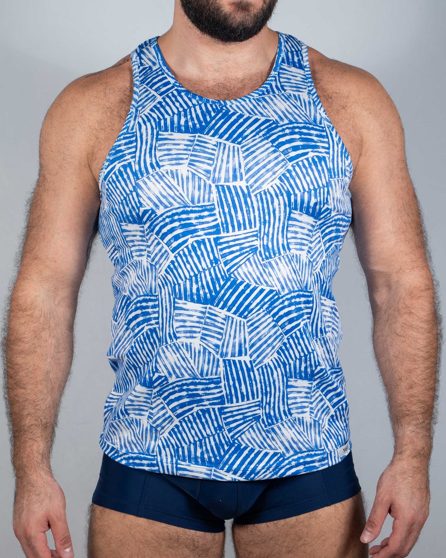 Fun square print tank blue and white patterned tank top with geometric woven design perfect for casual wear
