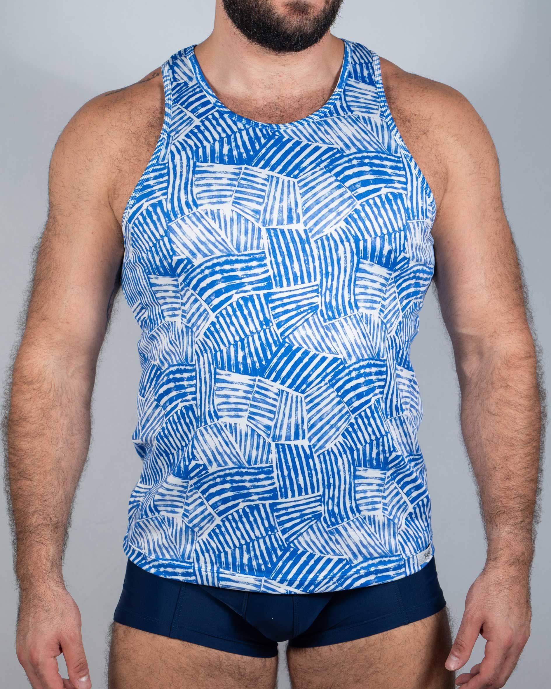Fun square print tank blue and white patterned tank top with geometric woven design perfect for casual wear