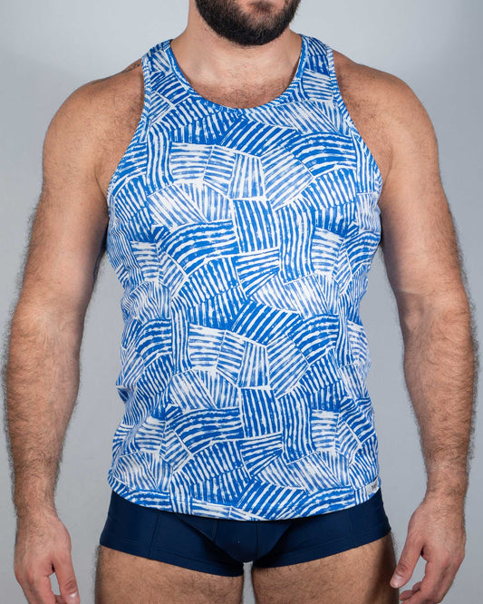 Fun square print tank blue and white patterned tank top with geometric woven design perfect for casual wear