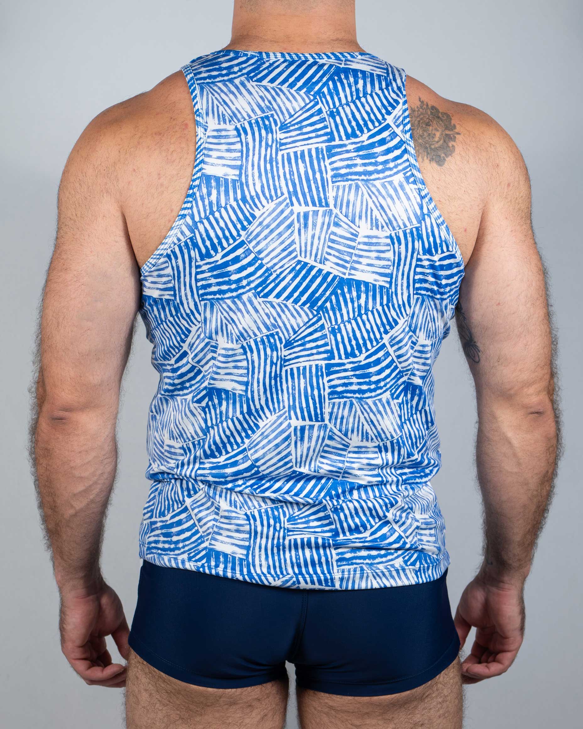 Blue and white geometric-patterned fun square print tank top with modern abstract design for casual wear