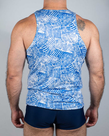 Blue and white geometric-patterned fun square print tank top with modern abstract design for casual wear