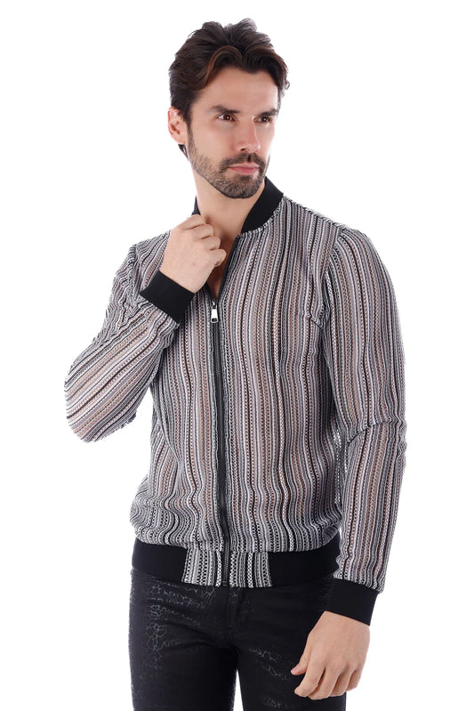 Men’s funky novelty bomber jacket with black and white stripes and ribbed cuffs and waistband